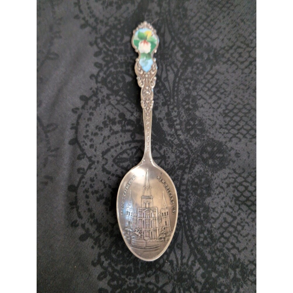St. Louis Cathedral New Orleans Sterling Sovenir Spoon Ornate Flower Handle